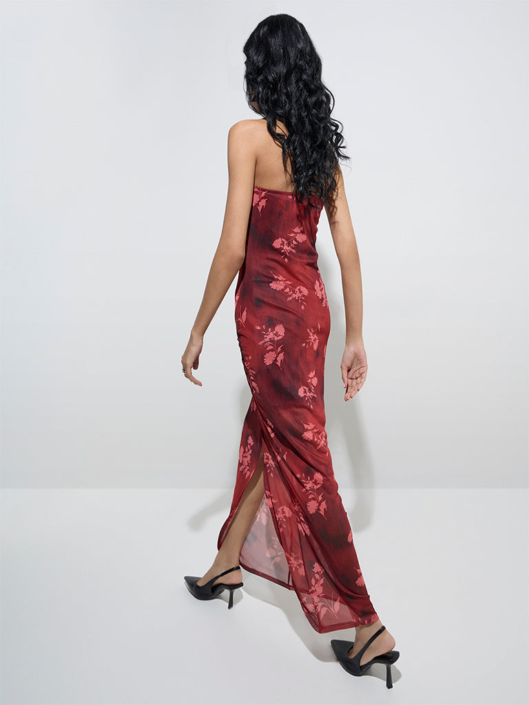 Nuon Burgundy Floral Printed Mesh Bodycon Dress - Image 4