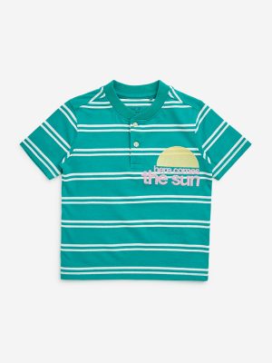 HOP Kids Teal Striped Cotton-Blend T-Shirt