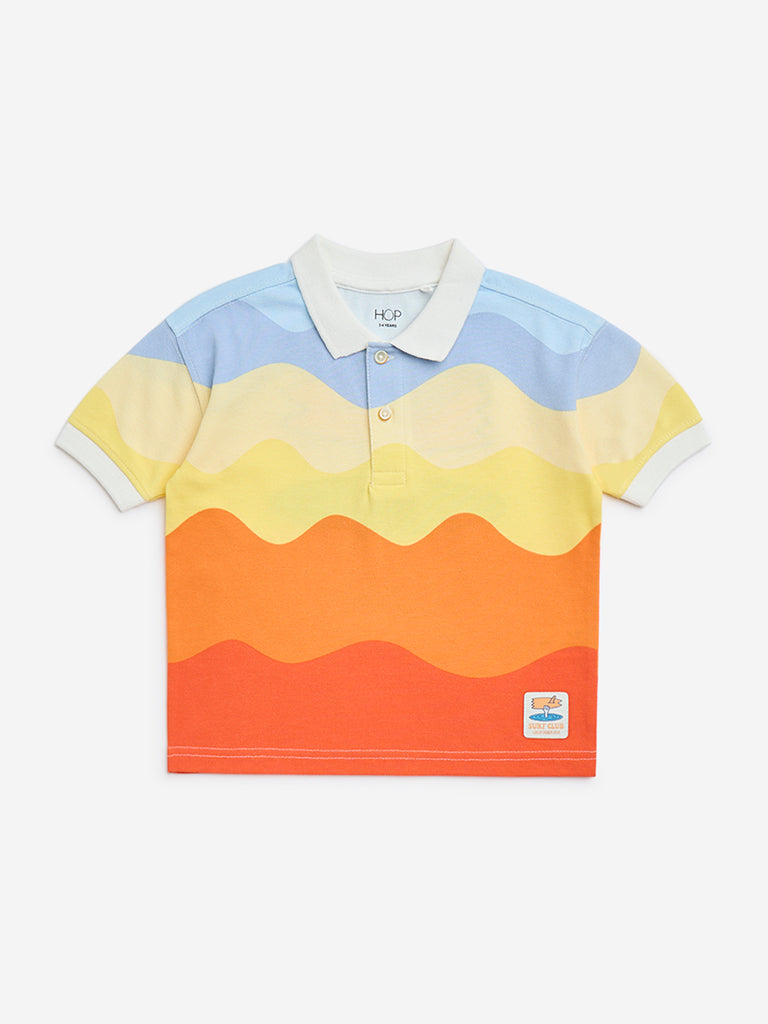 HOP Kids Multicolour Wave Printed Cotton Polo T-Shirt