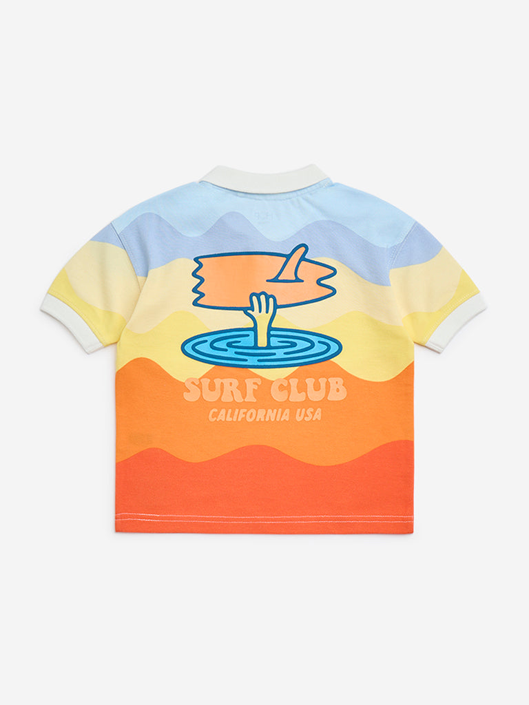 HOP Kids Multicolour Wave Printed Cotton Polo T-Shirt - Image 2