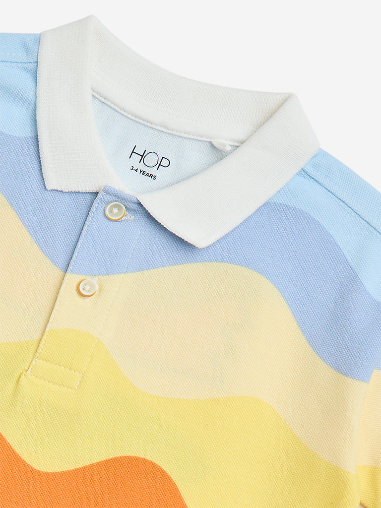 HOP Kids Multicolour Wave Printed Cotton Polo T-Shirt - Image 3