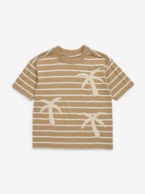 HOP Kids Brown Stripe Pattern Cotton T-Shirt