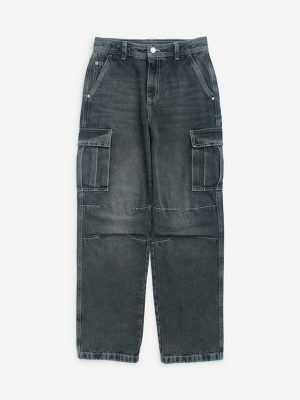 Y&F Kids Grey Washed Straight-Fit High-Rise Jeans