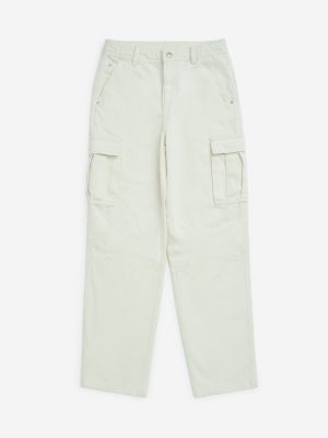 Y&F Kids Off-White Washed Straight-Fit High-Rise Jeans