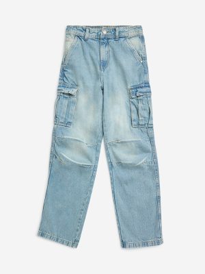 Y&F Kids Light Blue Cargo-Style Straight-Fit Mid-Rise Jeans