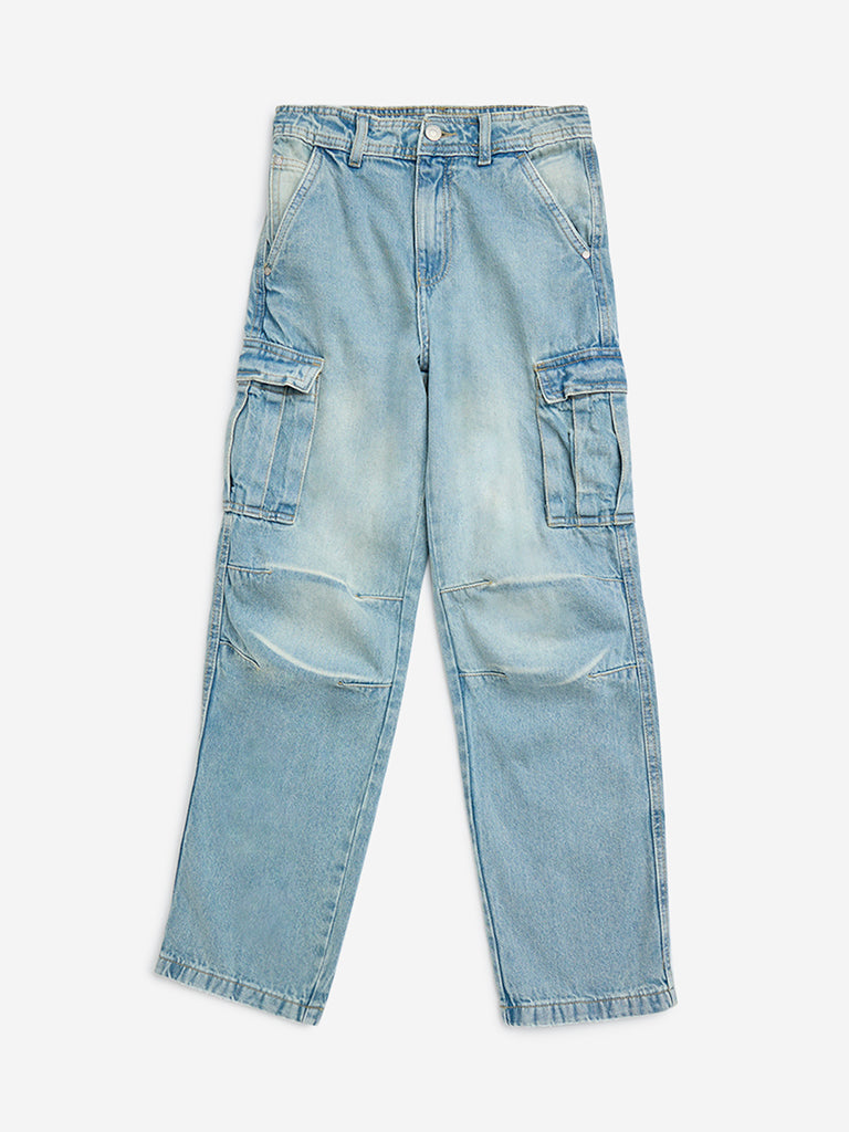 Y&F Kids Light Blue Cargo-Style Straight-Fit Mid-Rise Jeans