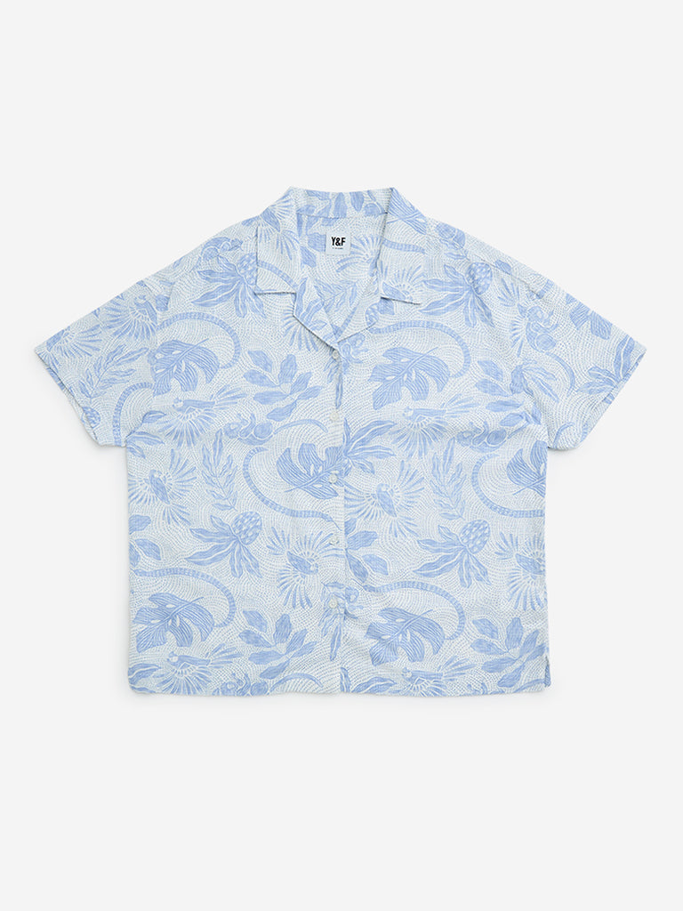 Y&F Kids Blue Botanical Printed Blend Shirt