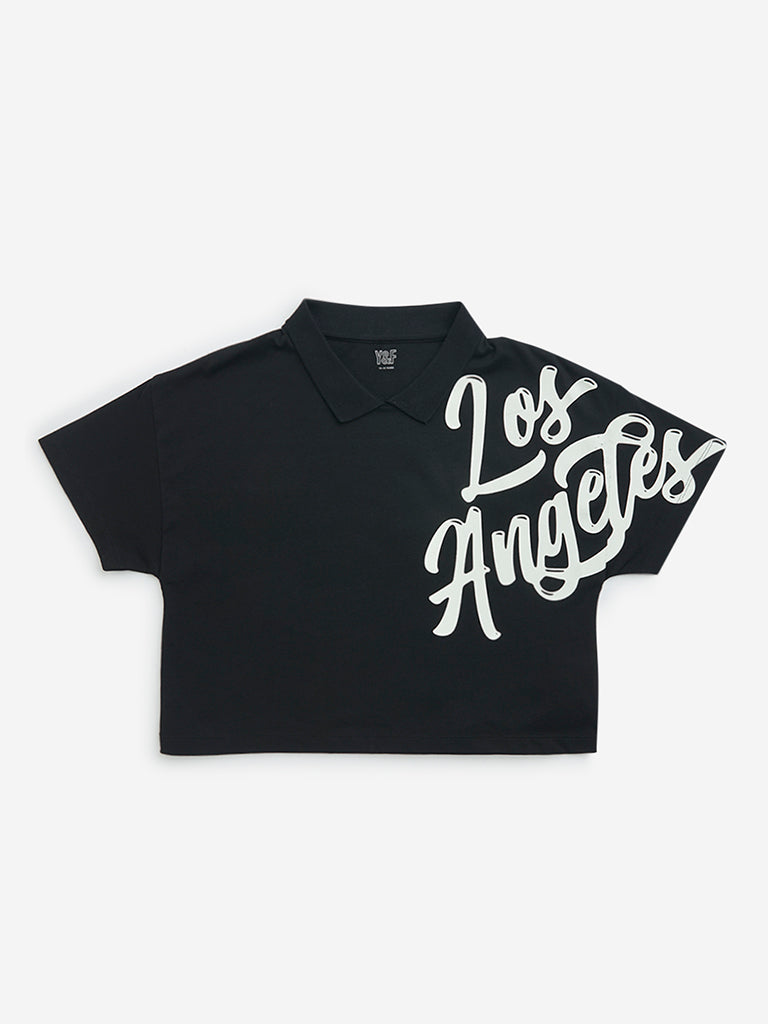 Y&F Kids Black Text Printed Cotton T-Shirt