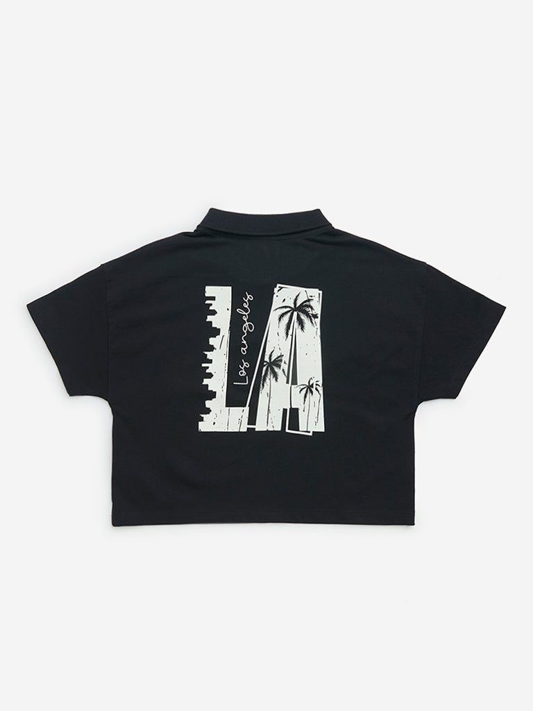 Y&F Kids Black Text Printed Cotton T-Shirt - Image 2