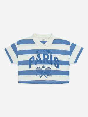 Y&F Kids Blue Stripe Printed Cotton Crop T-Shirt