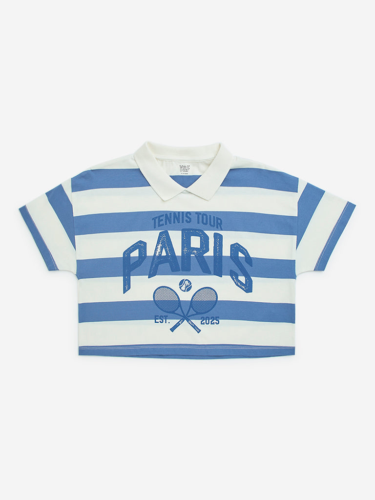Y&F Kids Blue Stripe Printed Cotton Crop T-Shirt