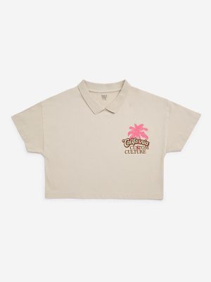 Y&F Kids Beige Cityscape Design Cotton T-Shirt