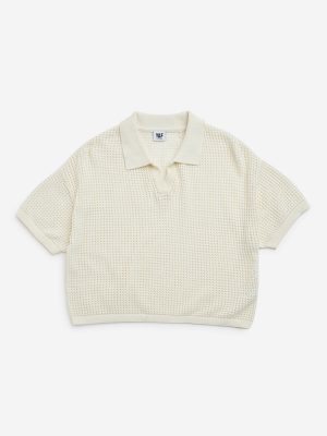 Y&F Kids Off-White Crochet-Detailed Cotton T-Shirt