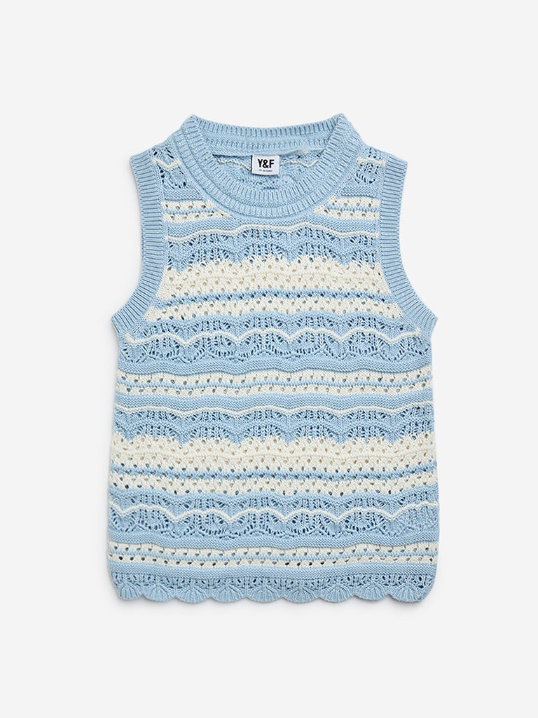 Y&F Kids Light Blue Knit-Textured Cotton-Blend Top