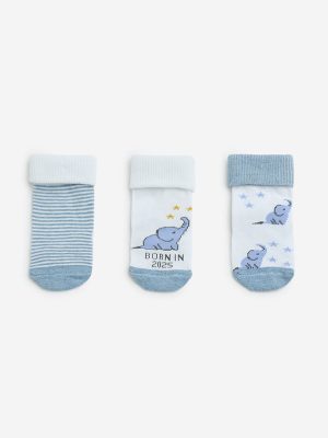 HOP Baby Dusty Blue Printed Cotton-Blend Socks - Pack of 3