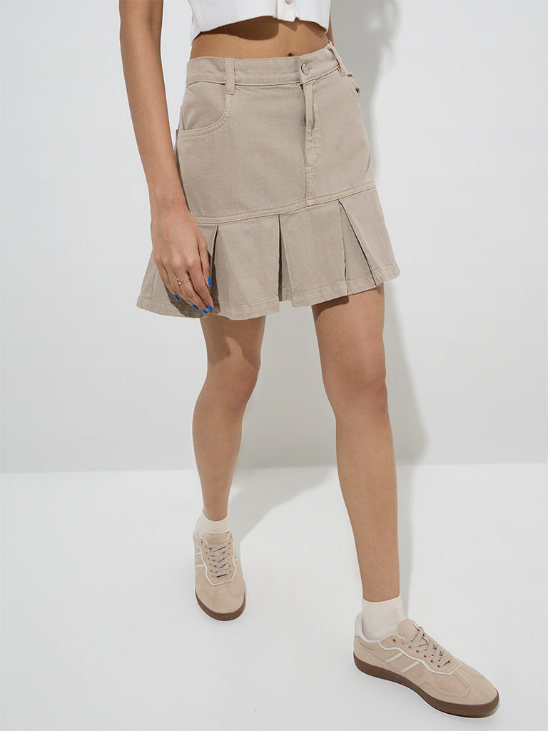 Nuon Beige High-Rise Pleated Denim Skirt - Image 3