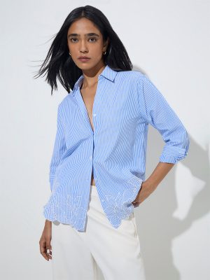 Wardrobe Light Blue Striped Floral Embroidered Shirt
