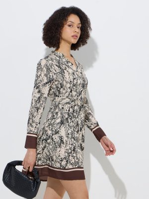 Wardrobe Brown Animal Design A-Line Dress with Belt