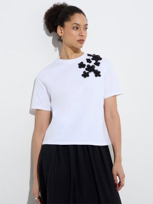 Wardrobe White Floral Applique-Detailed T-Shirt