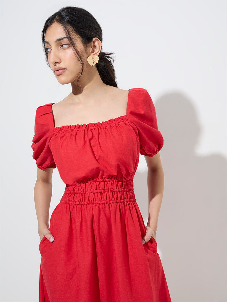 LOV Red Solid Linen-Blend A-Line Dress - Image 2