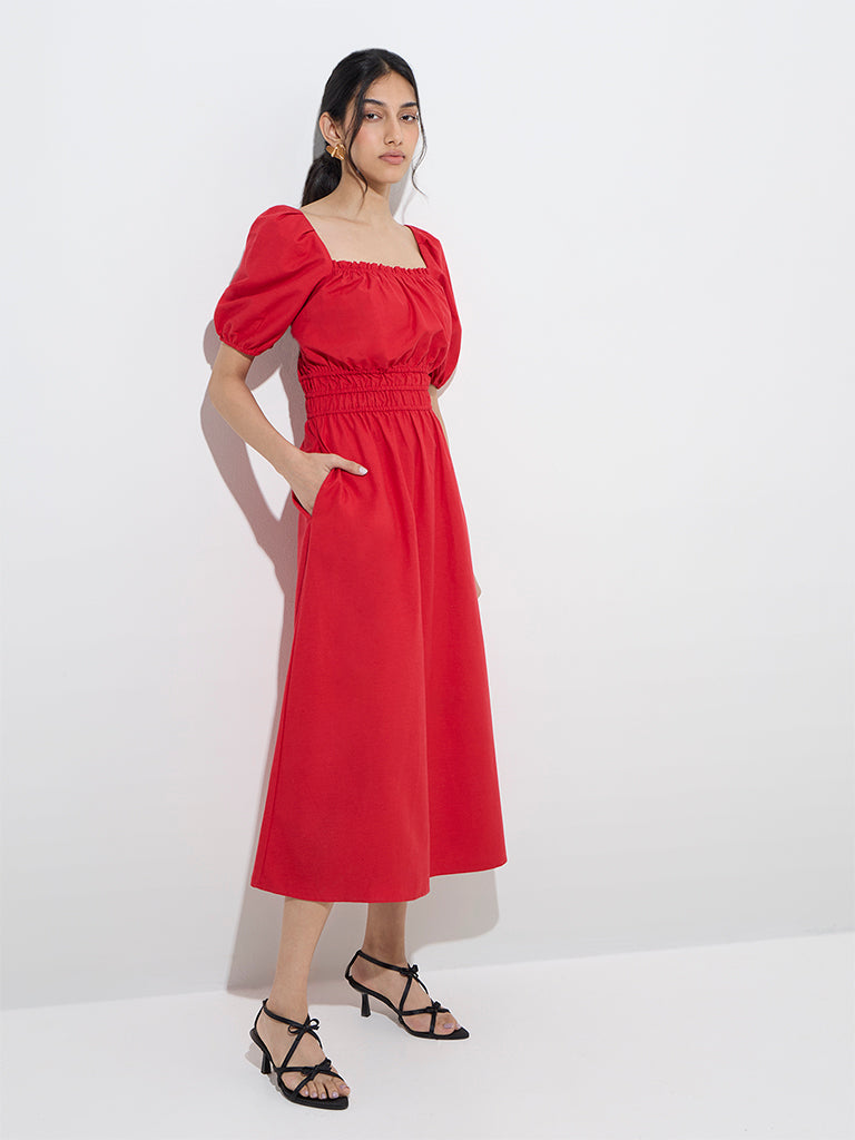 LOV Red Solid Linen-Blend A-Line Dress - Image 3