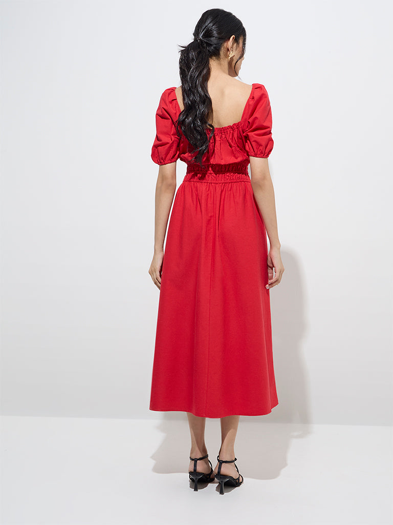 LOV Red Solid Linen-Blend A-Line Dress - Image 4