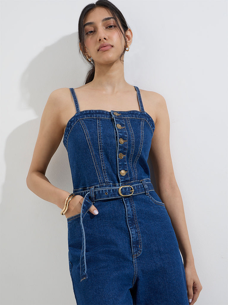 LOV Dark Blue Denim Jumpsuit with Belt - Image 2