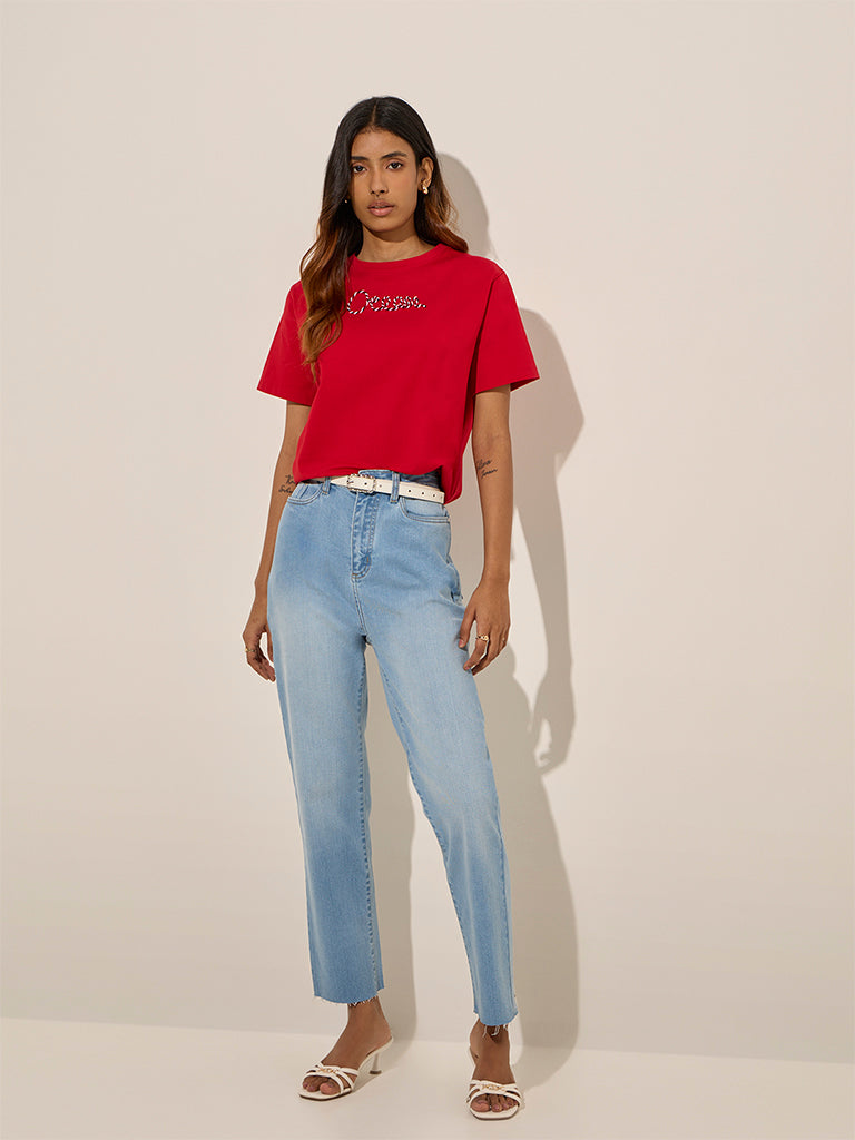 LOV Light Blue Faded Straight-Fit High-Rise Jeans