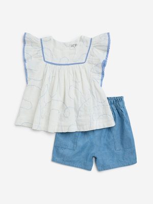 HOP Baby White Embroidered Cotton Top with Shorts Set