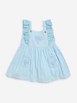 HOP Baby Light Blue Embroidered Cotton A-Line Dress