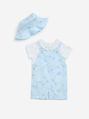 HOP Baby Blue Cotton Dungaree. T-Shirt and Bucket Hat Set