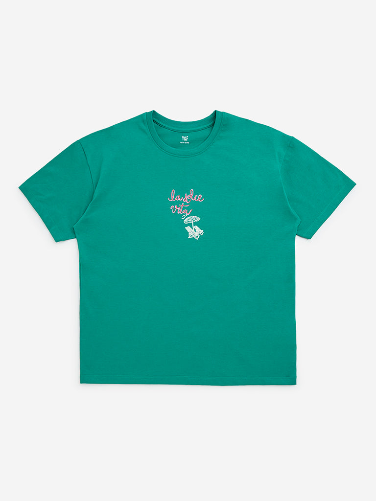 Y&F Kids Green Beach-Printed Cotton T-Shirt