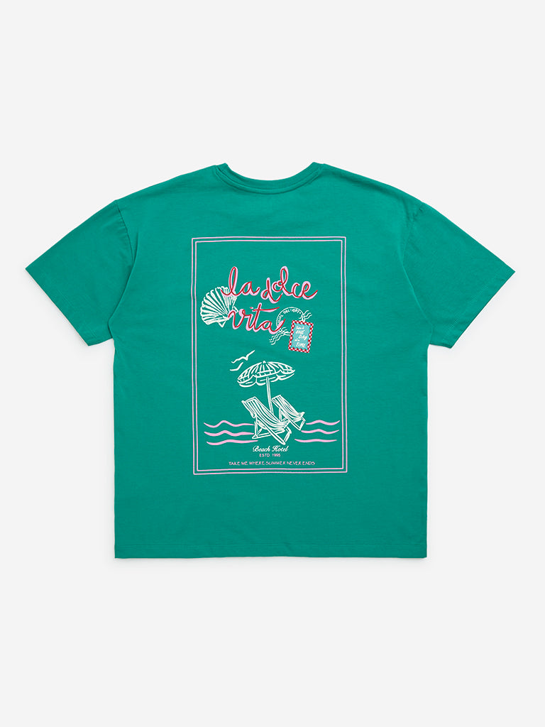 Y&F Kids Green Beach-Printed Cotton T-Shirt - Image 3
