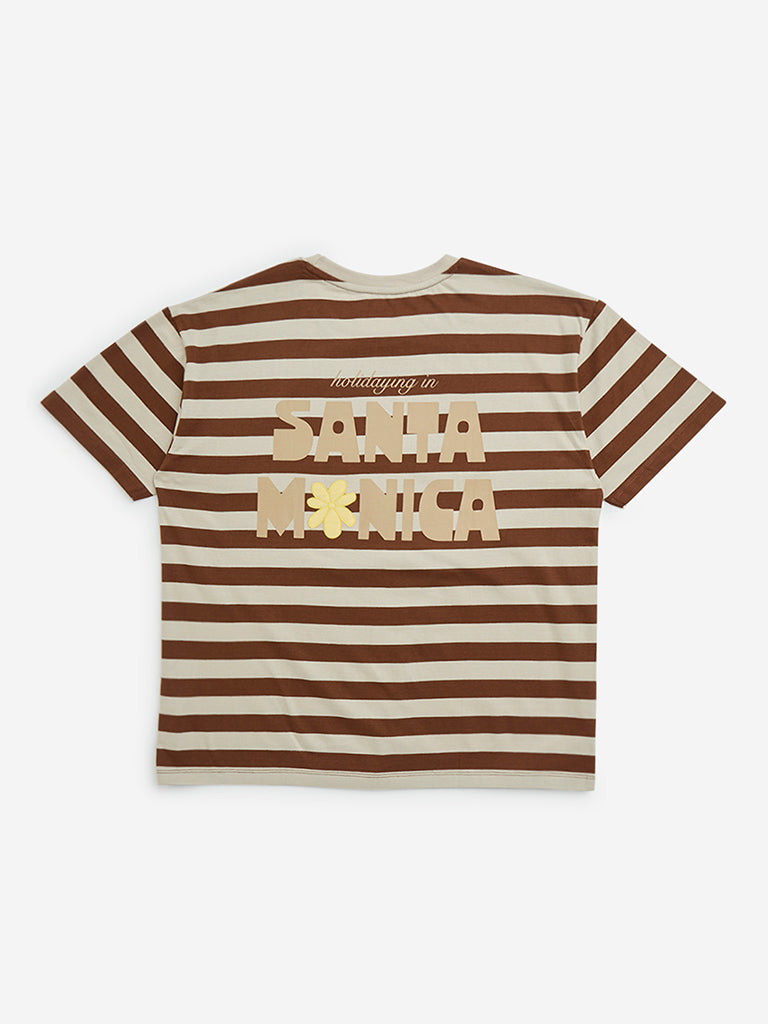 Y&F Kids Brown Stripe Pattern Cotton T-Shirt - Image 3