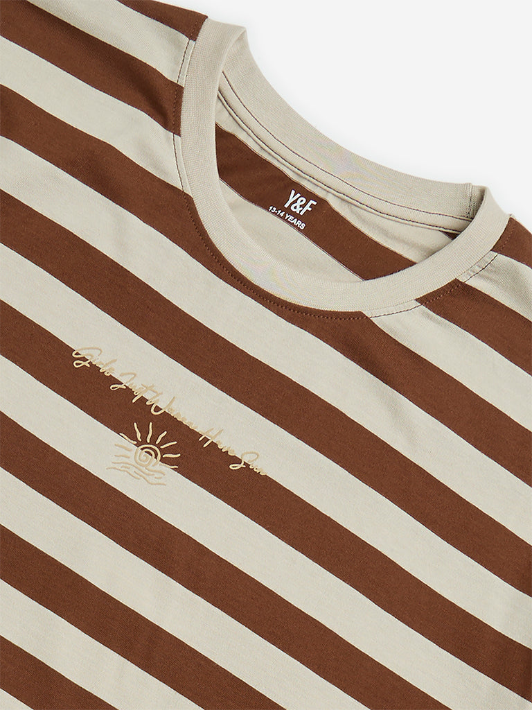 Y&F Kids Brown Stripe Pattern Cotton T-Shirt - Image 4