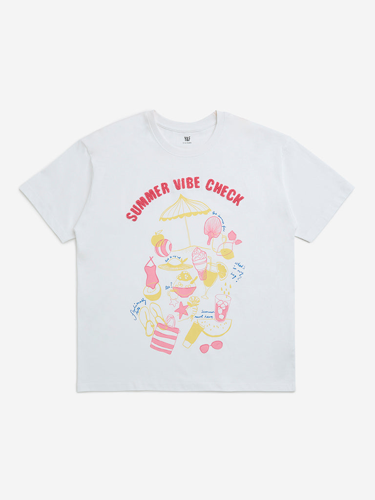 Y&F Kids White Embroidered Cotton T-Shirt