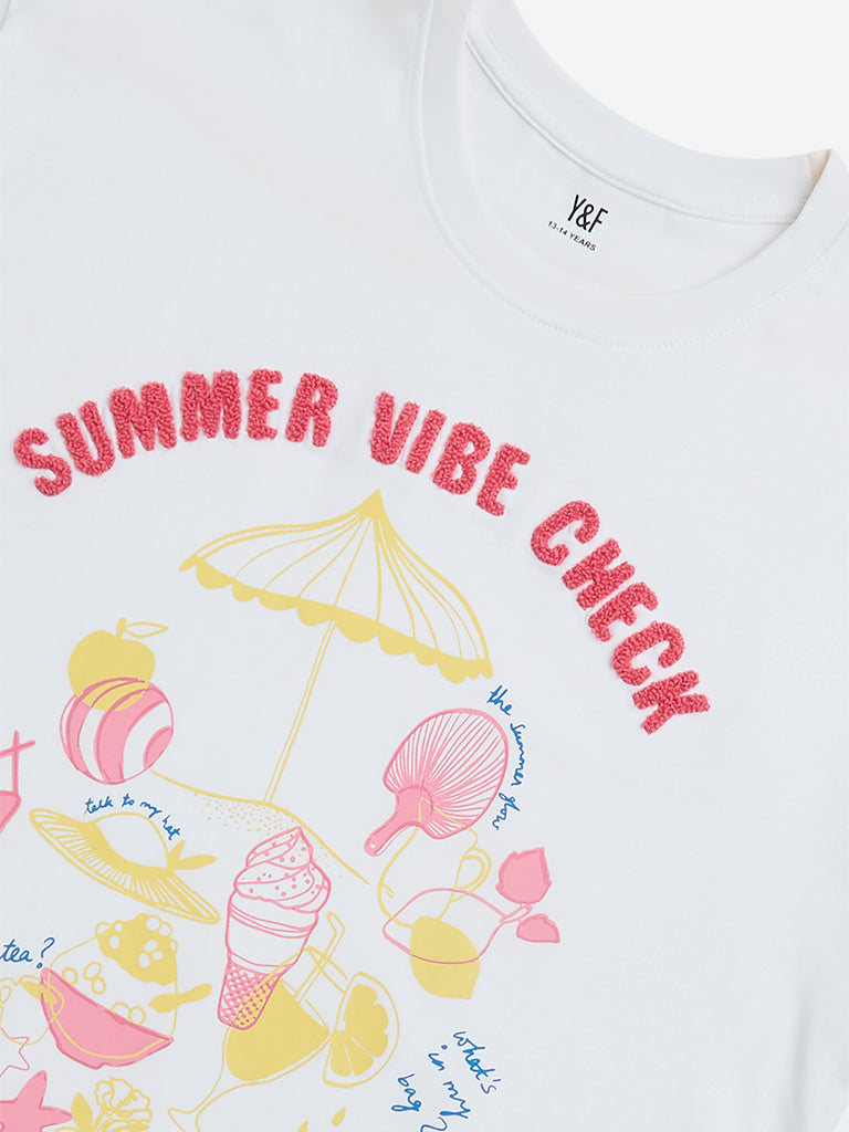 Y&F Kids White Embroidered Cotton T-Shirt - Image 4