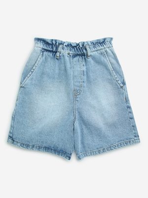 Y&F Kids Blue Ruffle Design High-Rise Denim Shorts