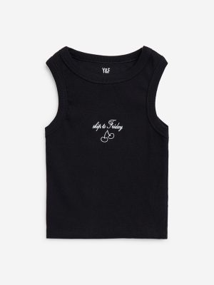 Y&F Kids Black Ribbed Cotton-Blend Tank Top