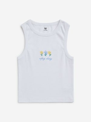 Y&F Kids White Ribbed Cotton-Blend Tank Top