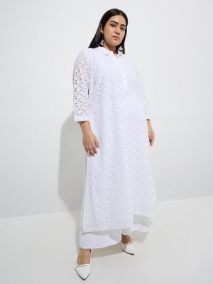 Diza White Schiffli Embroidered A-Line Cotton Kurta