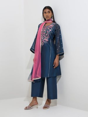Vark Indigo Cotton-Blend Kurta. Pants and Dupatta Set