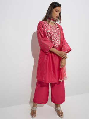 Vark Pink Cotton-Blend Kurta. Inner. Palazzos & Dupatta Set