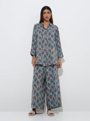 Utsa Blue Leaf Patterned Ethnic Tunic