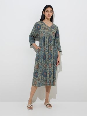 Utsa Indigo Botanical Printed Cotton A-Line Dress