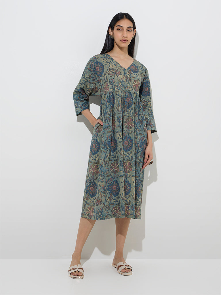 Utsa Indigo Botanical Printed Cotton A-Line Dress