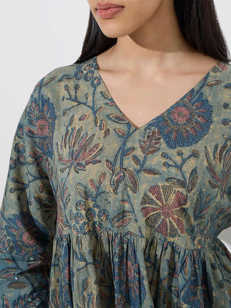 Utsa Indigo Botanical Printed Cotton A-Line Dress - Image 2