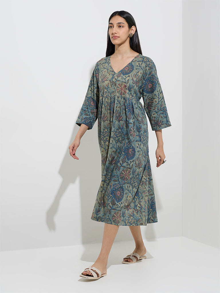 Utsa Indigo Botanical Printed Cotton A-Line Dress - Image 3