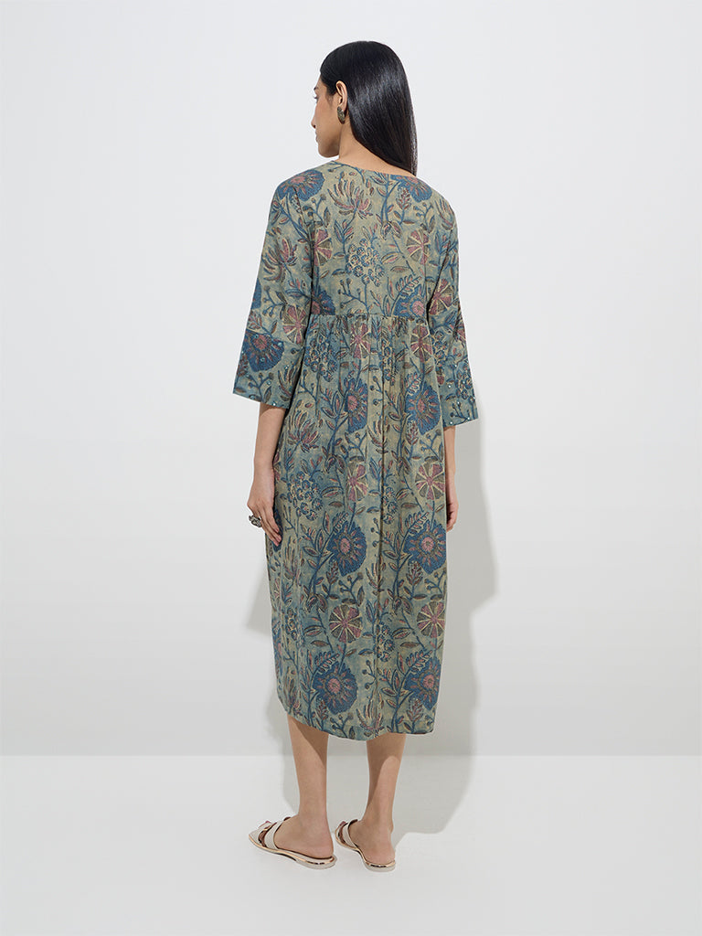 Utsa Indigo Botanical Printed Cotton A-Line Dress - Image 4