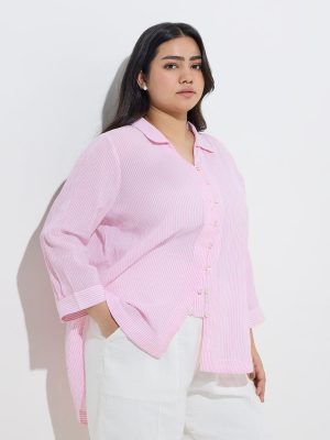 Gia Pink Stripe Patterned High-Low Cotton Blouse